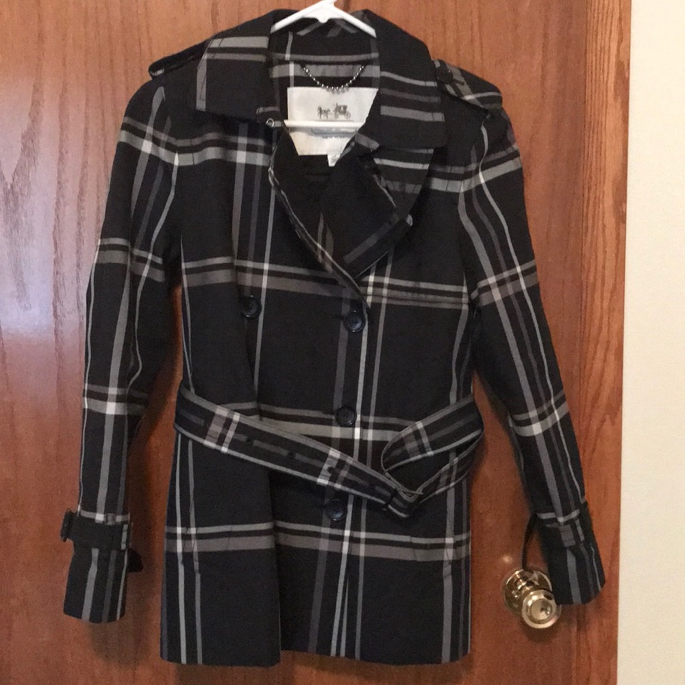 Coach Belted Black Plaid Trench Coat size small